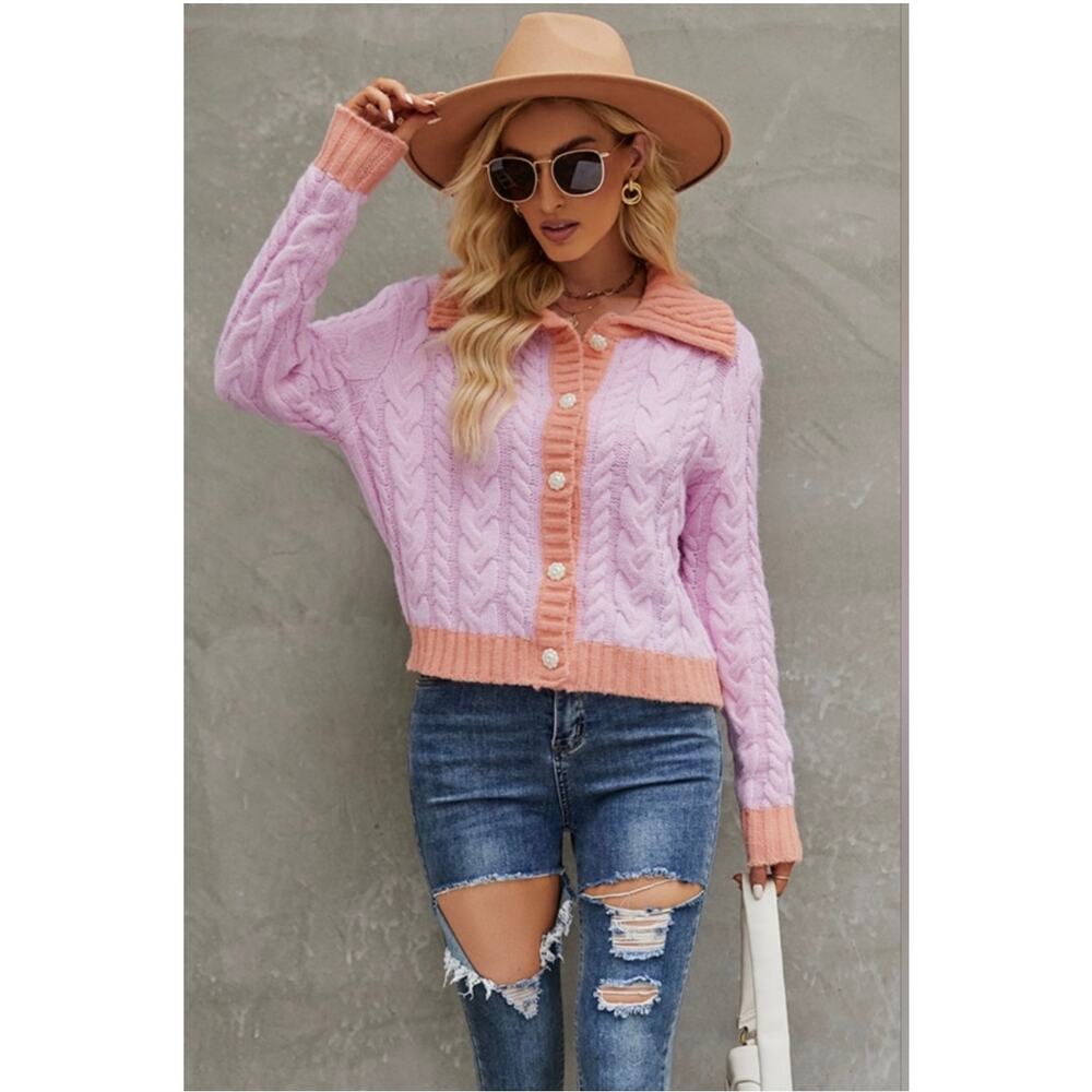 Miss Sparkling Color Block Button Down Cardigan Sweater Pink Orange-Size M